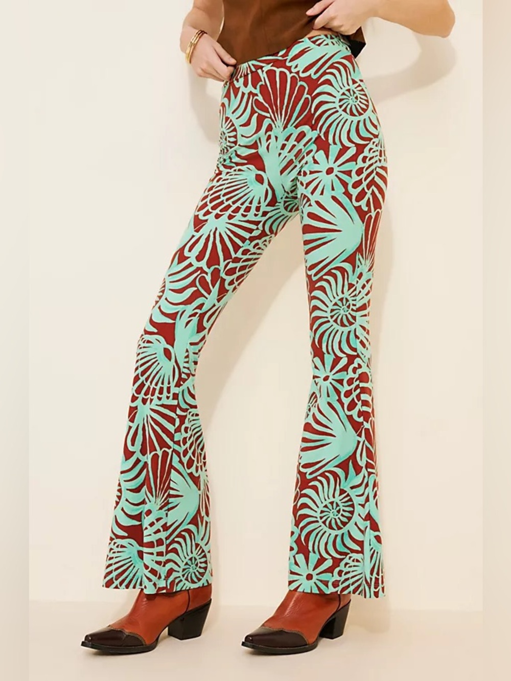 Free People wildflower pull-on Flare leg pants Cowboy Combo Brown Aqua